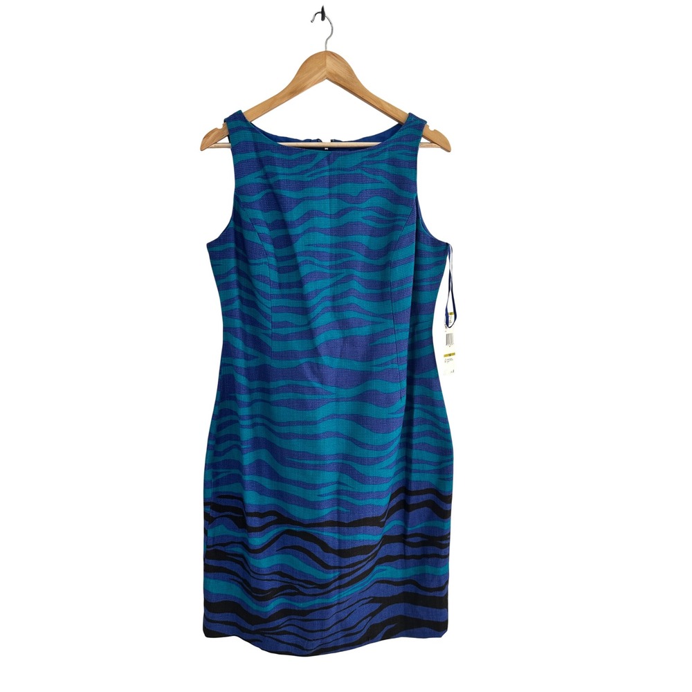 Jones New York Dress Cerulean Blue Zebra Print Sheath Sleeveless Size 14 NWT